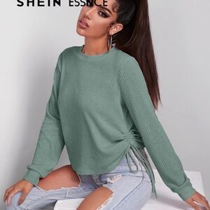 Mint Ribbed Knit Drawstring Sides Top